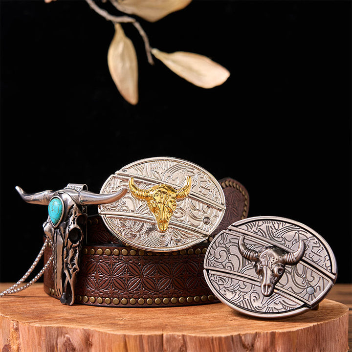 Set di fibbie per cintura fai da te con coltello a forma di toro in oro e argento e ciondolo a forma di corno di cervo turchese - Tori d'oro e d'argento - Cintura con rivetti marroni - 42 - image 0