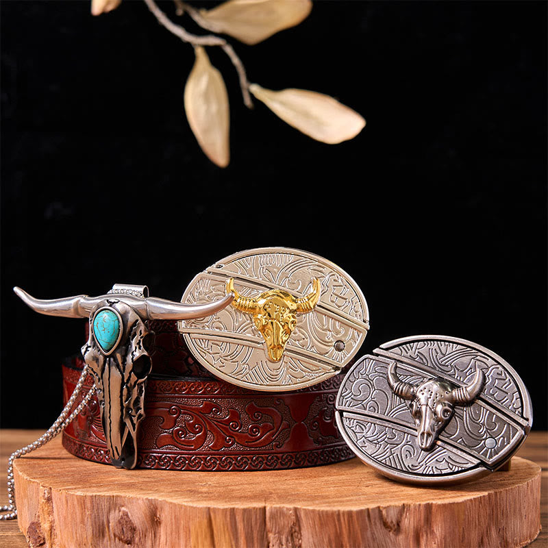 Set di fibbie per cintura fai da te con coltello a forma di toro in oro e argento e ciondolo a forma di corno di cervo turchese - Tori d'oro e d'argento - Cintura marrone intagliata - 42 - image 5