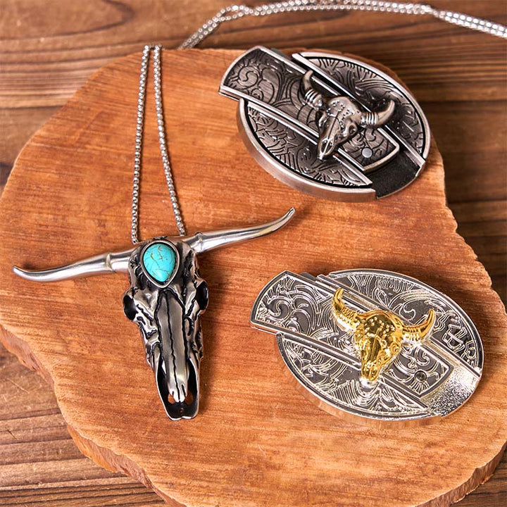 Set di fibbie per cintura fai da te con coltello a forma di toro in oro e argento e ciondolo a forma di corno di cervo turchese - Tori d'oro e d'argento - Senza cintura - Cintura non inclusa - image 1