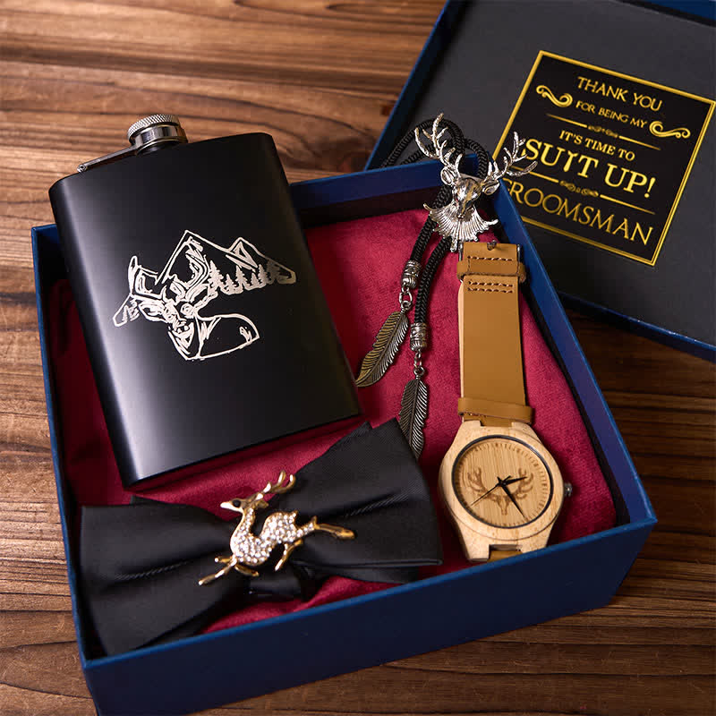 4 pezzi tema cervo papillon nero fiaschetta bolo tie orologio in legno scatola regalo sposo - image 1