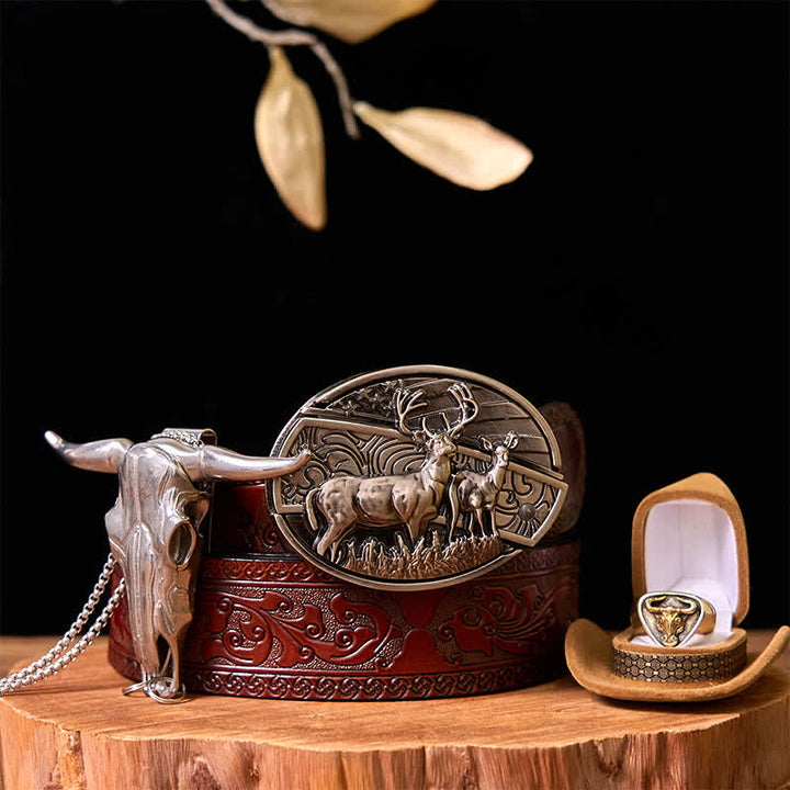 Set di Fibbia per Cintura con Coltello Nascosto Fai da Te a Forma di Cervo, Ciondolo a Forma di Corno Lungo, Anello da Toro - Set in bundle - Cintura marrone intagliata - 42 - image 12
