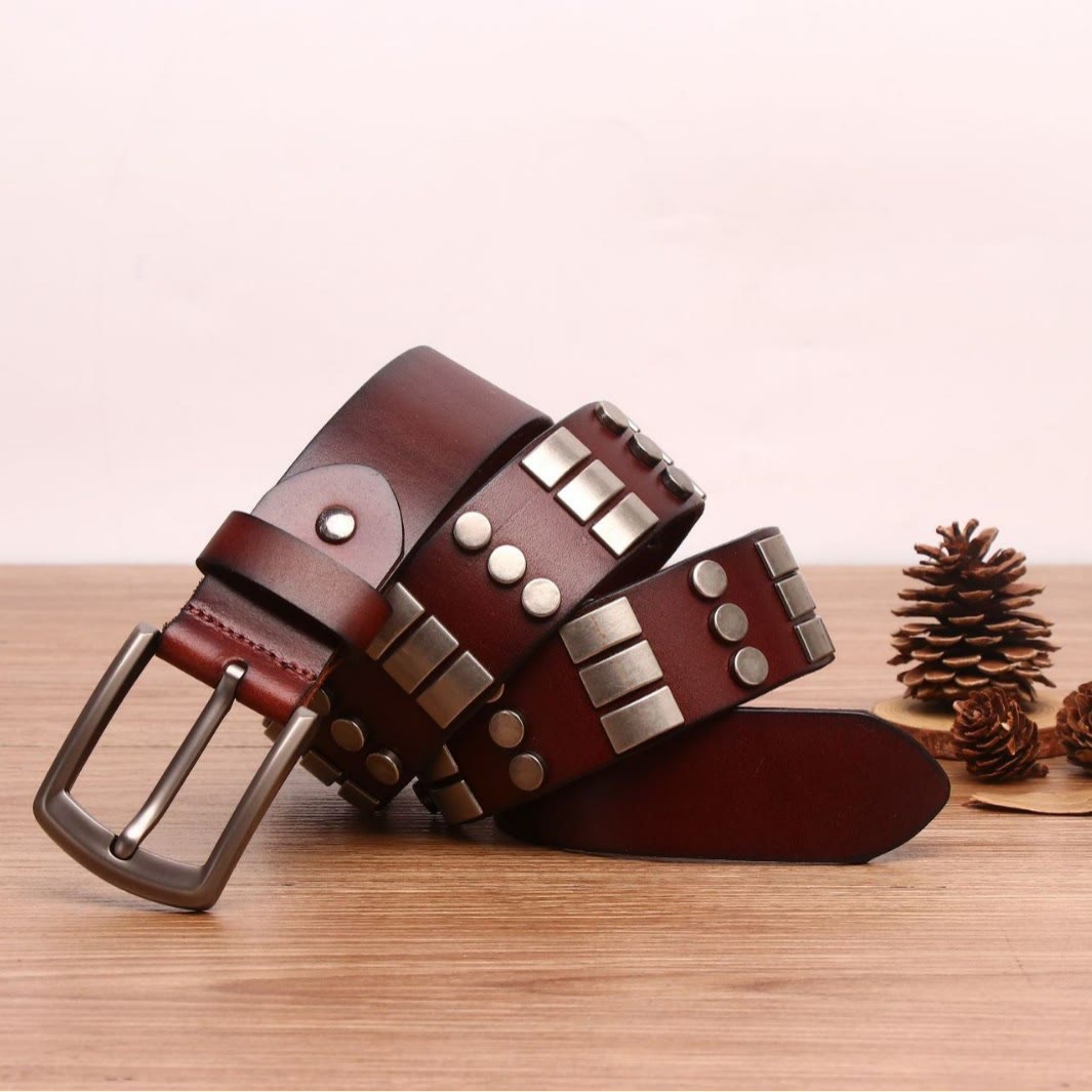 Cintura in vera pelle per uomo con rivetti punk - Caffè - 44 - image 0