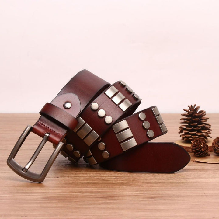 Cintura in vera pelle per uomo con rivetti punk - Caffè - 44 - image 0