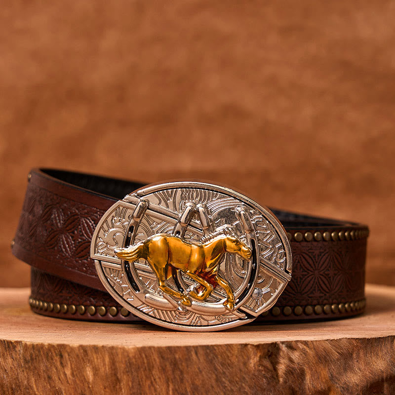 Cintura in pelle con fibbia western fai da te a forma di U con coltello nascosto a forma di cavallo - Cintura con rivetti marroni - 42 - image 5