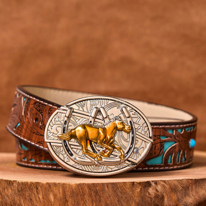 Cintura in pelle con fibbia western fai da te a forma di U con coltello nascosto a forma di cavallo - Cintura intagliata turchese - 42 - image 4