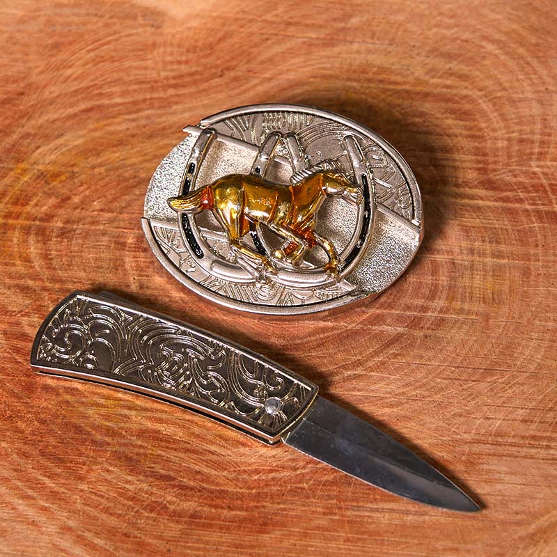 Cintura in pelle con fibbia western fai da te a forma di U con coltello nascosto a forma di cavallo - image 2