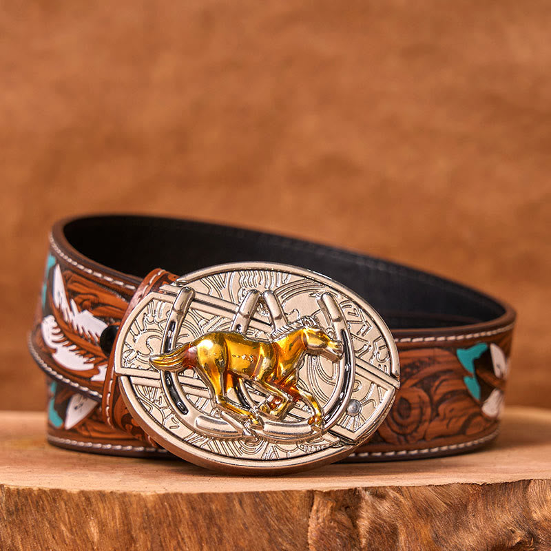 Cintura in pelle con fibbia western fai da te a forma di U con coltello nascosto a forma di cavallo - Cintura di piume marroni - 40 - image 8