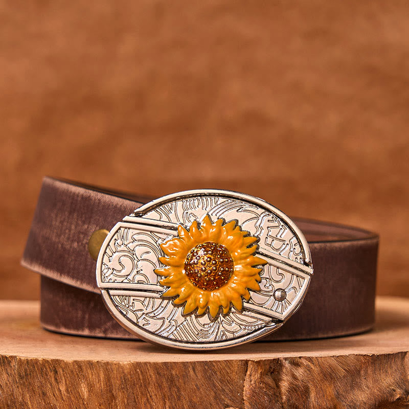 Cintura in pelle con fibbia western fai da te con coltello nascosto a forma di girasole colorato da uomo (in pre-vendita) - Cintura marrone anticata - 42 - image 6