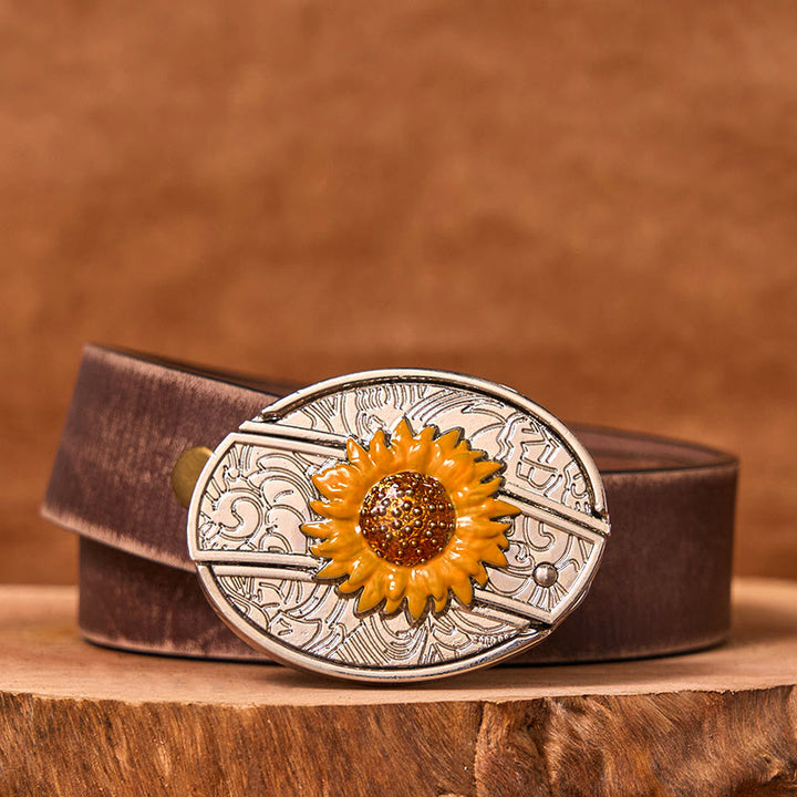 Cintura in pelle con fibbia western fai da te con coltello nascosto a forma di girasole colorato da uomo (in pre-vendita) - Cintura marrone anticata - 42 - image 6