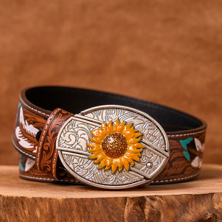 Cintura in pelle con fibbia western fai da te con coltello nascosto a forma di girasole colorato da uomo (in pre-vendita) - Cintura di piume marroni - 40 - image 8