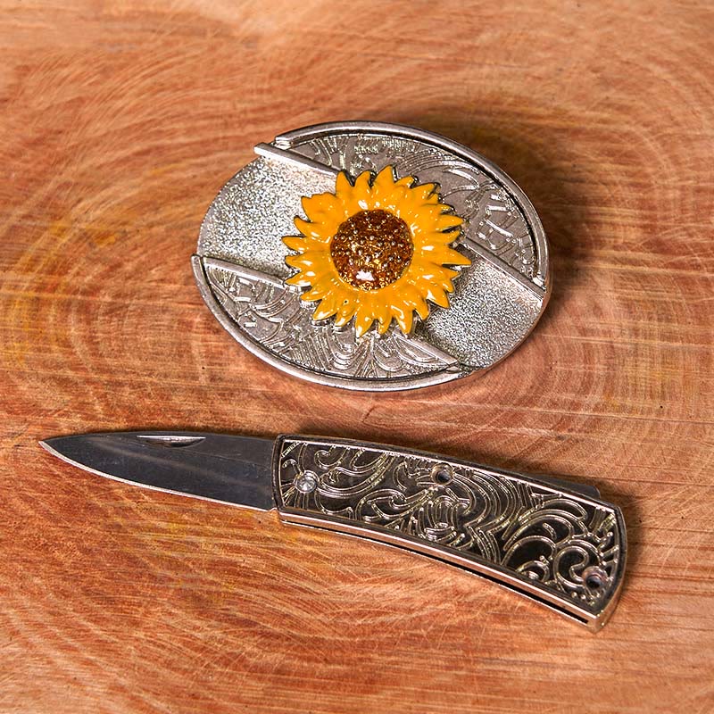 Cintura in pelle con fibbia western fai da te con coltello nascosto a forma di girasole colorato da uomo (in pre-vendita) - image 2