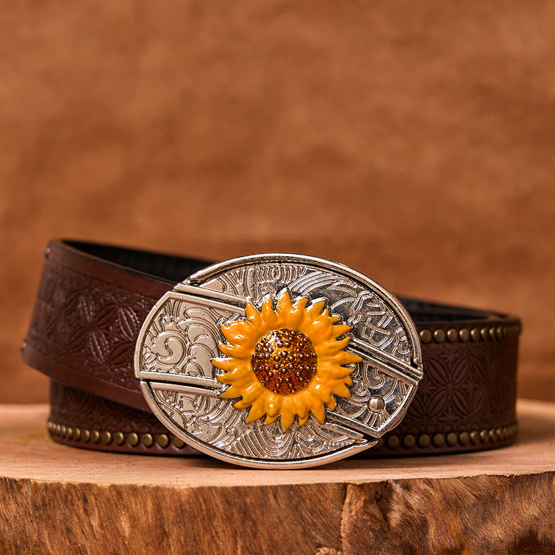 Cintura in pelle con fibbia western fai da te con coltello nascosto a forma di girasole colorato da uomo (in pre-vendita) - Cintura con rivetti marroni - 42 - image 5