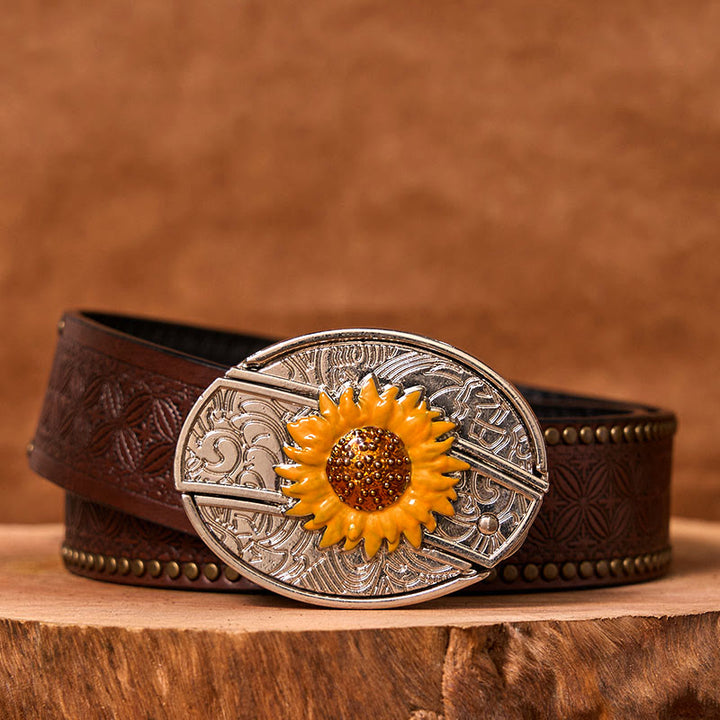 Cintura in pelle con fibbia western fai da te con coltello nascosto a forma di girasole colorato da uomo (in pre-vendita) - Cintura con rivetti marroni - 42 - image 5