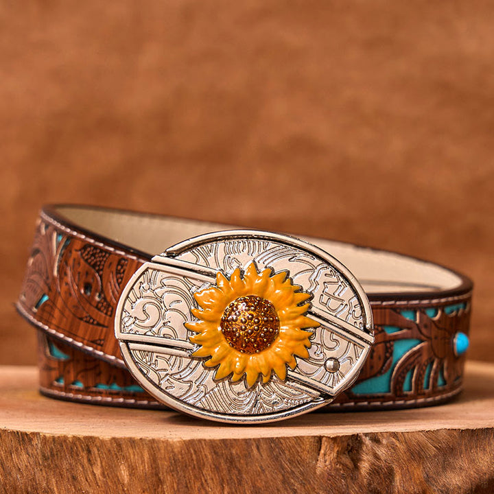 Cintura in pelle con fibbia western fai da te con coltello nascosto a forma di girasole colorato da uomo (in pre-vendita) - Cintura intagliata turchese - 42 - image 4