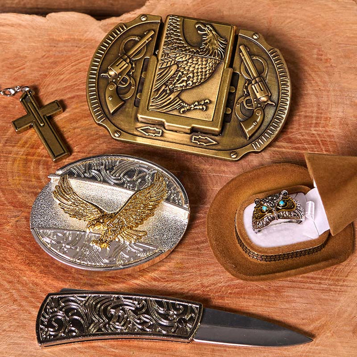 Set di fibbia per cintura fai da te Flying Eagle con coltello nascosto e anello a forma di gufo - image 3