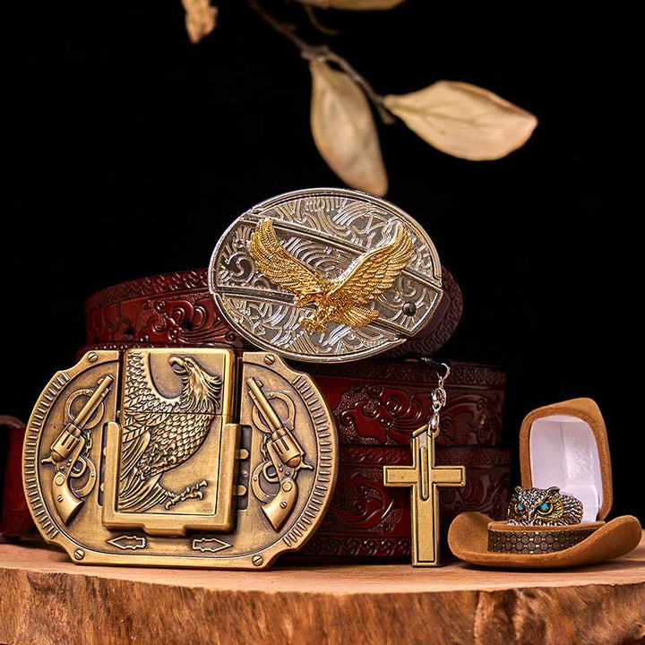 Set di fibbia per cintura fai da te Flying Eagle con coltello nascosto e anello a forma di gufo - Aquila volante - Cintura marrone intagliata - 42 - image 7