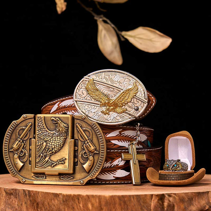 Set di fibbia per cintura fai da te Flying Eagle con coltello nascosto e anello a forma di gufo - Aquila volante - Cintura di piume marroni - 40 - image 8