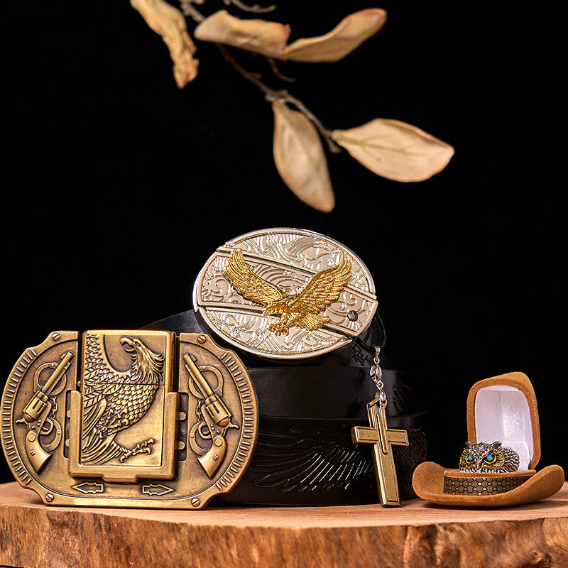 Set di fibbia per cintura fai da te Flying Eagle con coltello nascosto e anello a forma di gufo - Aquila volante - Cintura con aquila in rilievo nera - 42 - image 0