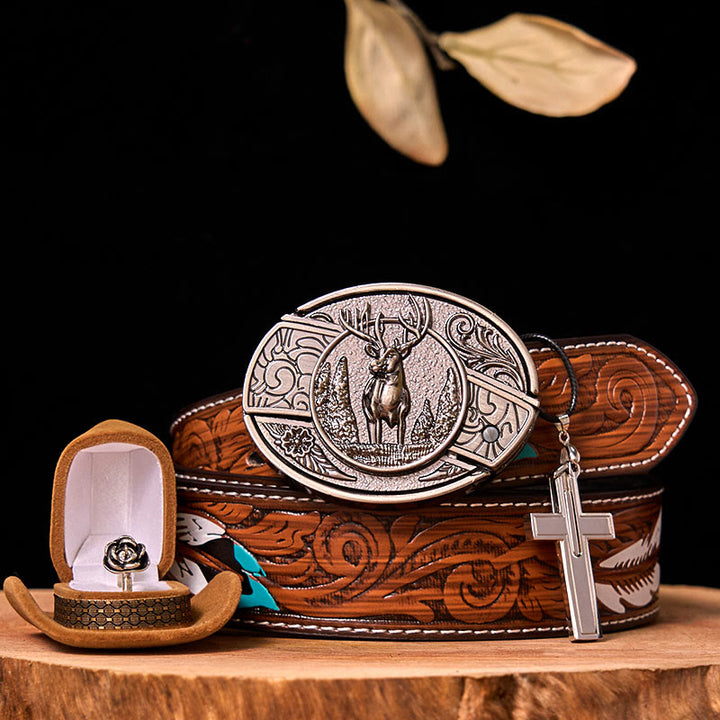 Fibbia per cintura fai da te con coltello nascosto a forma di cervo nella foresta con anello a forma di rosa - Cervo della foresta - Cintura di piume marroni - 40 - image 0