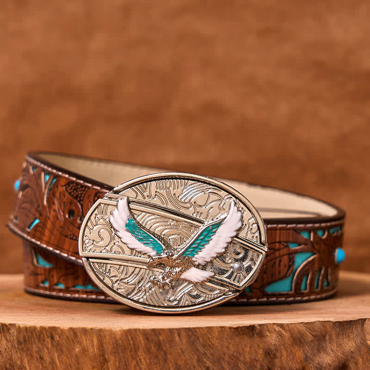 Cintura in pelle fai da te da uomo con coltello pieghevole nascosto Flying Eagle blu e bianco - Aquila colorata - Cintura intagliata turchese - 42 - image 4