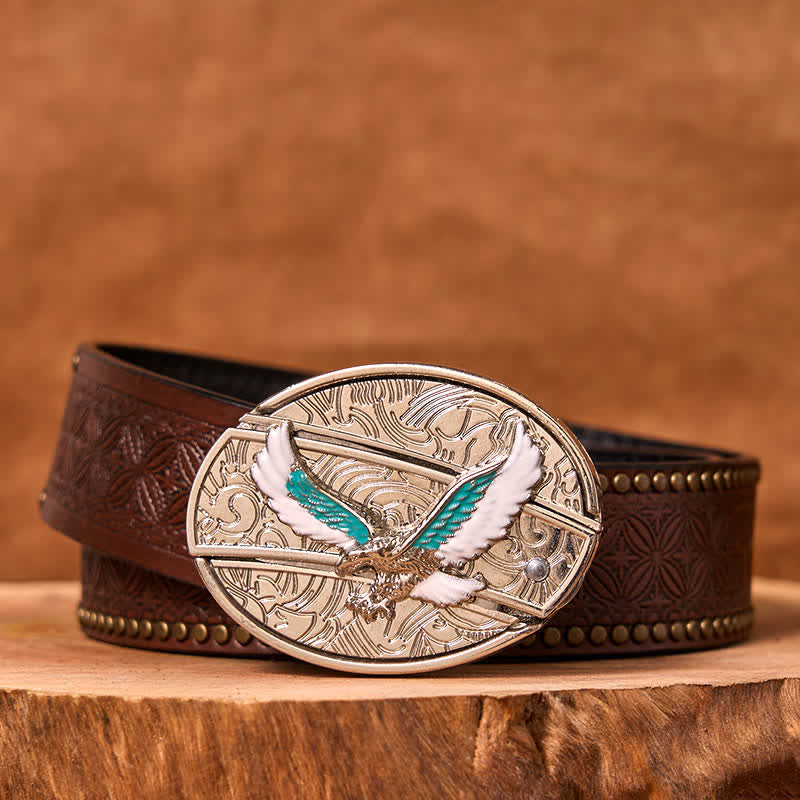 Cintura in pelle fai da te da uomo con coltello pieghevole nascosto Flying Eagle blu e bianco - Aquila colorata - Cintura con rivetti marroni - 42 - image 5