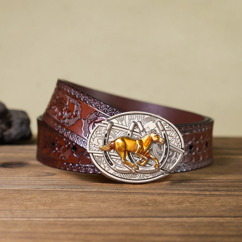 Cintura in pelle con fibbia western fai da te a forma di U con coltello nascosto a forma di cavallo - Cintura marrone intagliata - 42 - image 7
