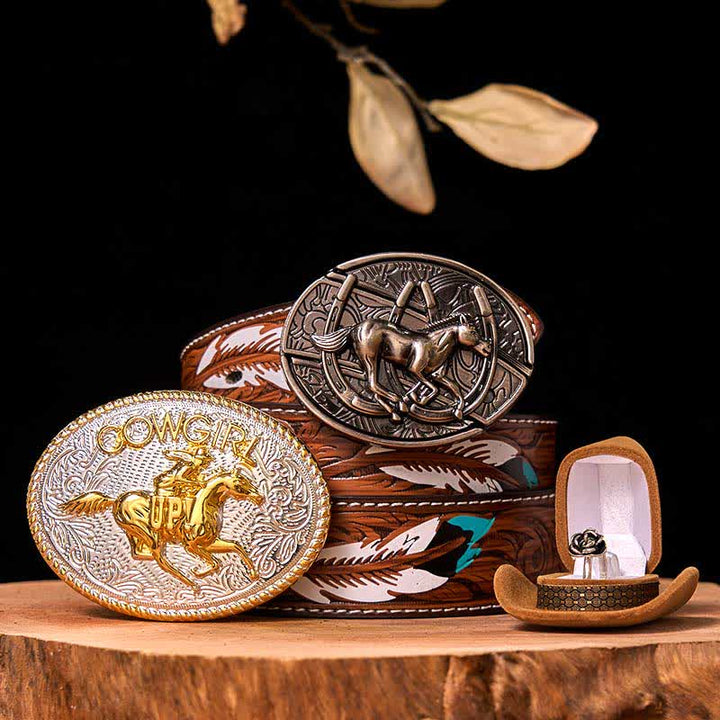 Set di anelli con fibbia per cintura con rosa intrecciata, fai da te, a forma di cavallo da corsa e coltello nascosto - Cavallo in corsa - Cintura di piume marroni - 40 - image 0