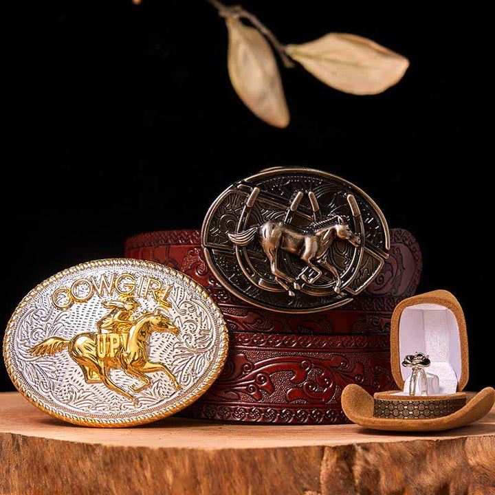 Set di anelli con fibbia per cintura con rosa intrecciata, fai da te, a forma di cavallo da corsa e coltello nascosto - Cavallo in corsa - Cintura marrone intagliata - 42 - image 8