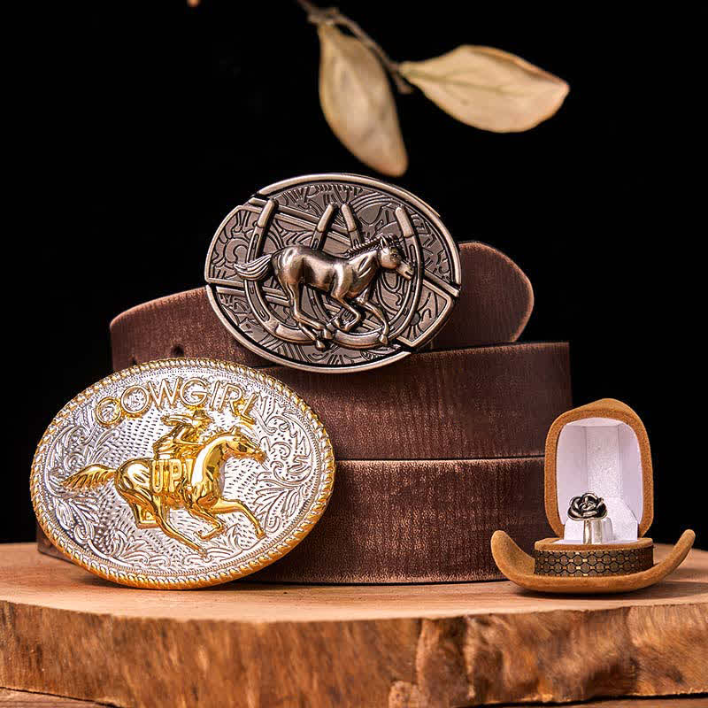 Set di anelli con fibbia per cintura con rosa intrecciata, fai da te, a forma di cavallo da corsa e coltello nascosto - Cavallo in corsa - Cintura marrone anticata - 42 - image 7