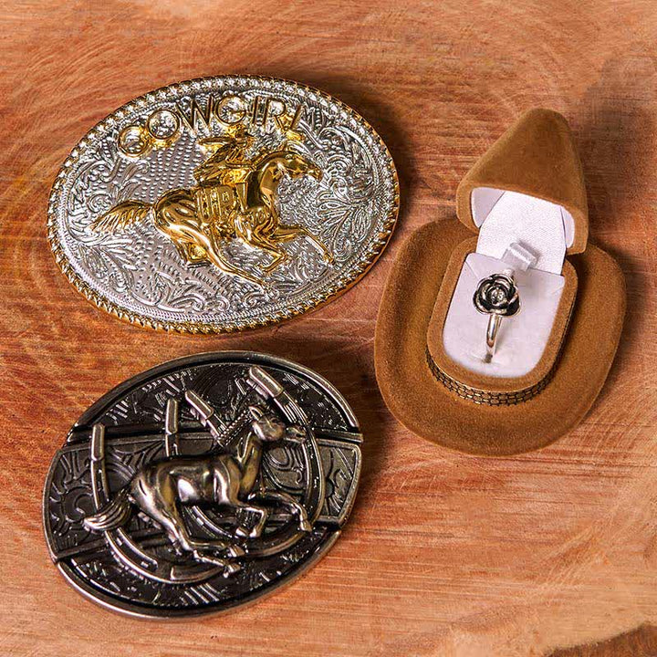Set di anelli con fibbia per cintura con rosa intrecciata, fai da te, a forma di cavallo da corsa e coltello nascosto - Cavallo in corsa - Senza cintura - Cintura non inclusa - image 1