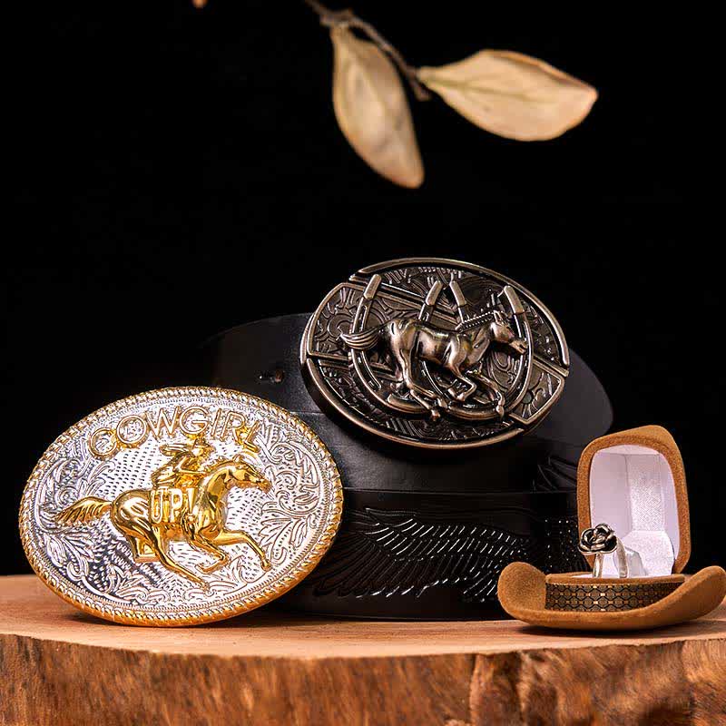 Set di anelli con fibbia per cintura con rosa intrecciata, fai da te, a forma di cavallo da corsa e coltello nascosto - Cavallo in corsa - Cintura con aquila in rilievo nera - 42 - image 4