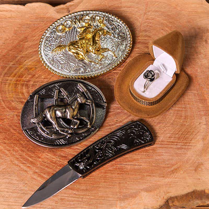 Set di anelli con fibbia per cintura con rosa intrecciata, fai da te, a forma di cavallo da corsa e coltello nascosto - image 2