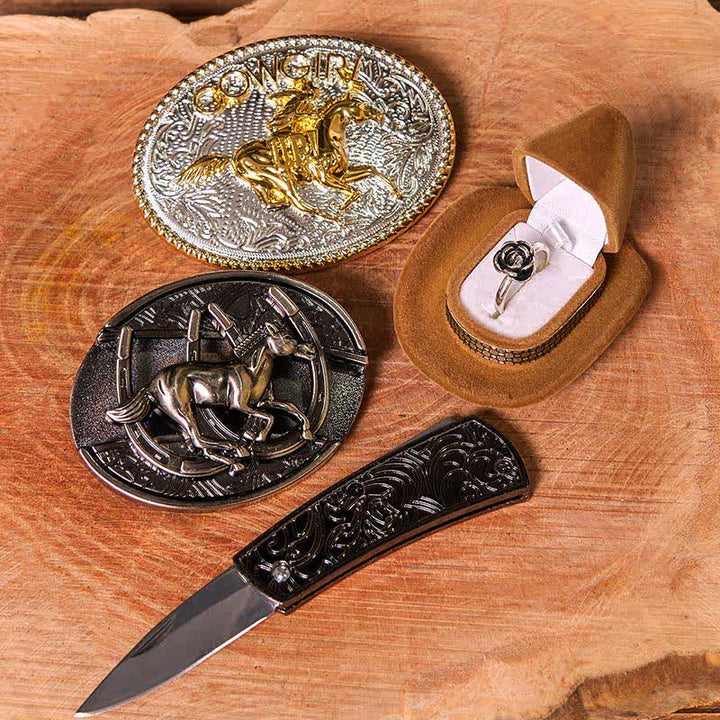 Set di anelli con fibbia per cintura con rosa intrecciata, fai da te, a forma di cavallo da corsa e coltello nascosto - image 2