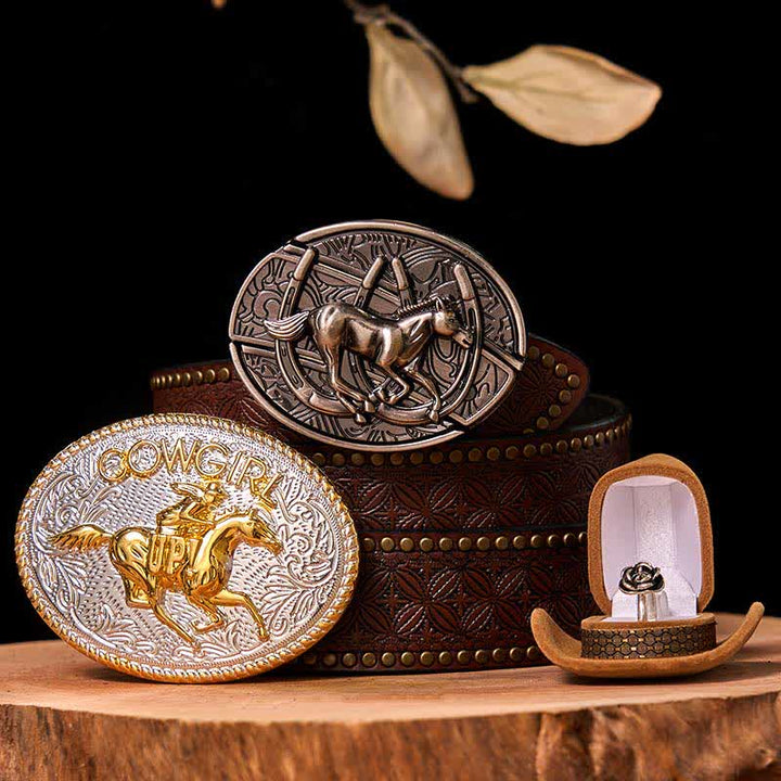 Set di anelli con fibbia per cintura con rosa intrecciata, fai da te, a forma di cavallo da corsa e coltello nascosto - Cavallo in corsa - Cintura con rivetti marroni - 42 - image 6