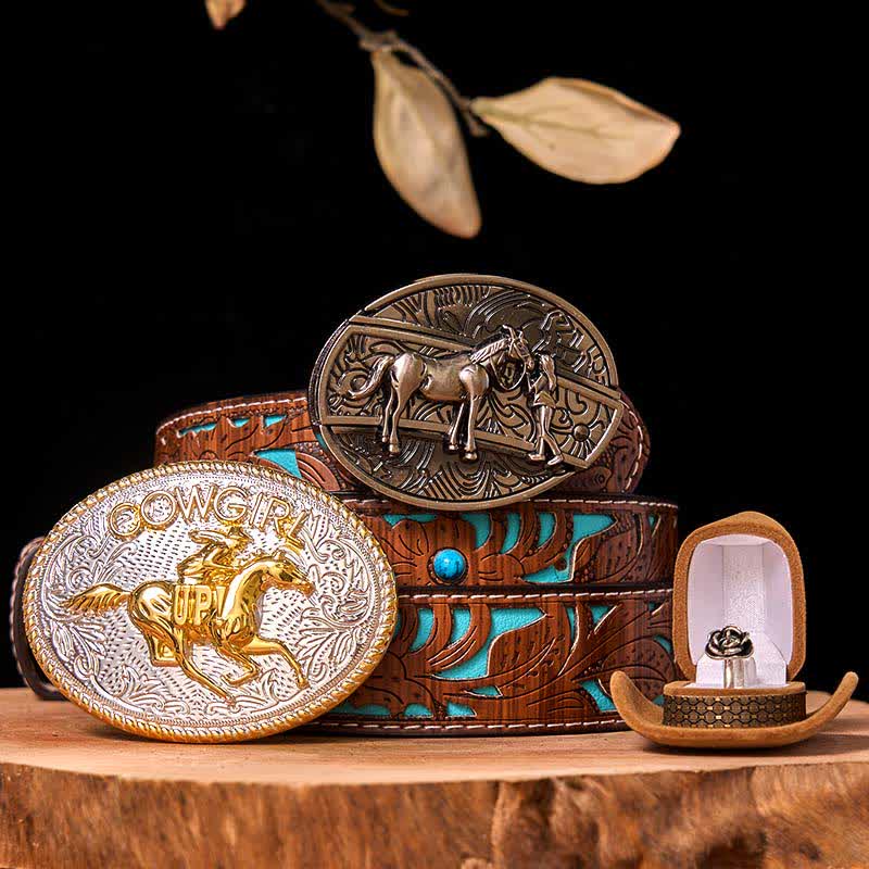 Set di anelli con fibbia per cintura con rosa intrecciata, stile western da cowgirl, con coltello nascosto - Cavallo in corsa - Cintura intagliata turchese - 42 - image 5
