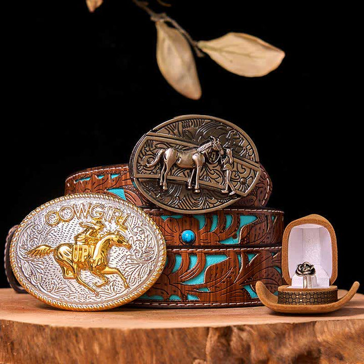 Set di anelli con fibbia per cintura con rosa intrecciata, stile western da cowgirl, con coltello nascosto - Cavallo in corsa - Cintura intagliata turchese - 42 - image 5