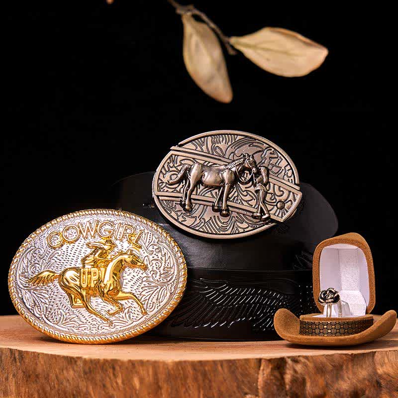 Set di anelli con fibbia per cintura con rosa intrecciata, stile western da cowgirl, con coltello nascosto - Cavallo in corsa - Cintura con aquila in rilievo nera - 42 - image 4