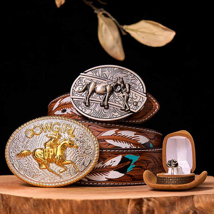 Set di anelli con fibbia per cintura con rosa intrecciata, stile western da cowgirl, con coltello nascosto - Cavallo in corsa - Cintura di piume marroni - 40 - image 0