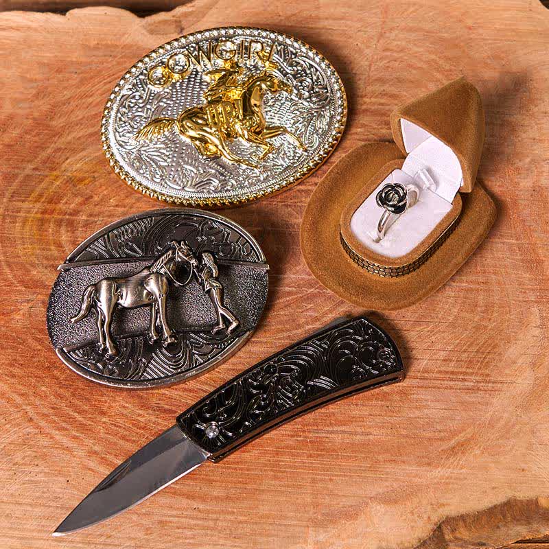 Set di anelli con fibbia per cintura con rosa intrecciata, stile western da cowgirl, con coltello nascosto - image 2