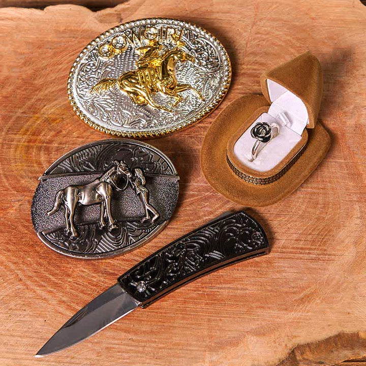 Set di anelli con fibbia per cintura con rosa intrecciata, stile western da cowgirl, con coltello nascosto - image 2