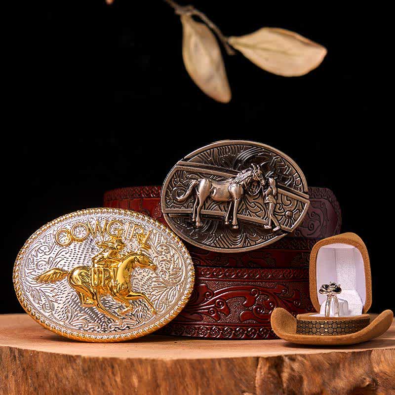 Set di anelli con fibbia per cintura con rosa intrecciata, stile western da cowgirl, con coltello nascosto - Cavallo in corsa - Cintura marrone intagliata - 42 - image 8