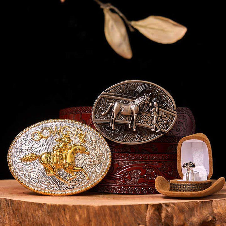 Set di anelli con fibbia per cintura con rosa intrecciata, stile western da cowgirl, con coltello nascosto - Cavallo in corsa - Cintura marrone intagliata - 42 - image 8