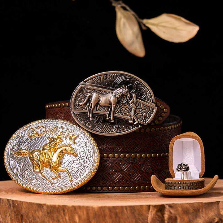 Set di anelli con fibbia per cintura con rosa intrecciata, stile western da cowgirl, con coltello nascosto - Cavallo in corsa - Cintura con rivetti marroni - 42 - image 6