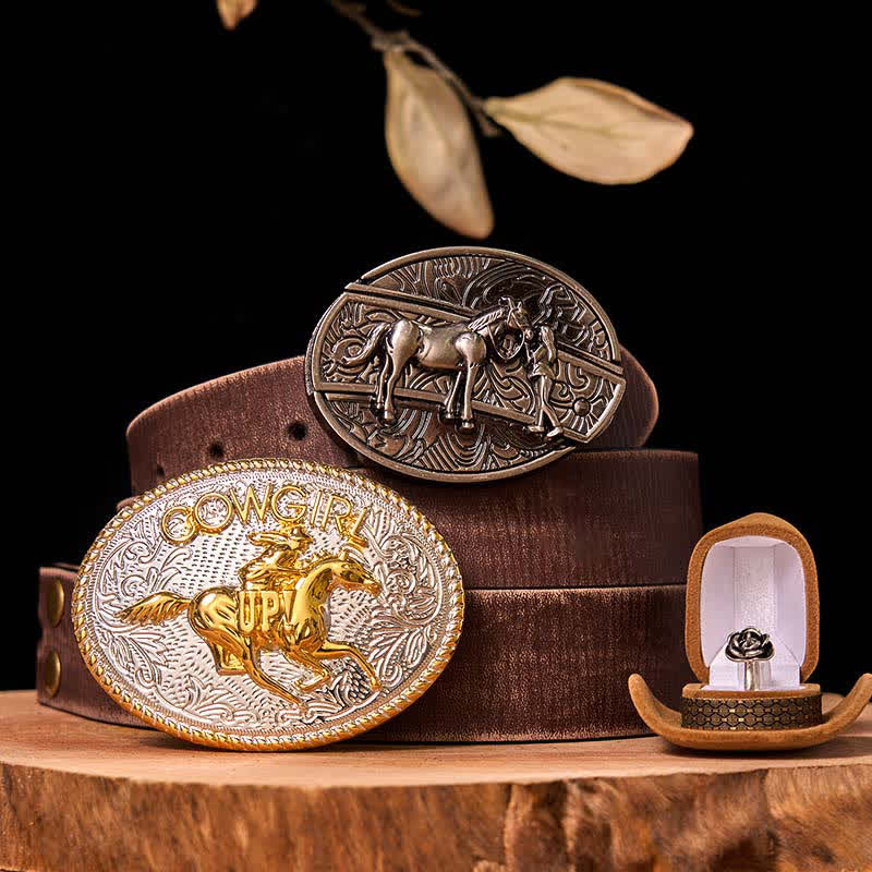 Set di anelli con fibbia per cintura con rosa intrecciata, stile western da cowgirl, con coltello nascosto - Cavallo in corsa - Cintura marrone anticata - 42 - image 7