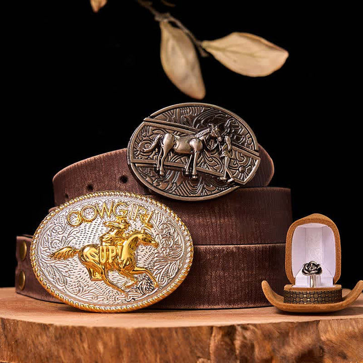Set di anelli con fibbia per cintura con rosa intrecciata, stile western da cowgirl, con coltello nascosto - Cavallo in corsa - Cintura marrone anticata - 42 - image 7