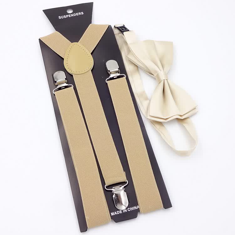 2 pezzi papillon tinta unita 3 clip set bretelle regolabili - Cachi - image 5