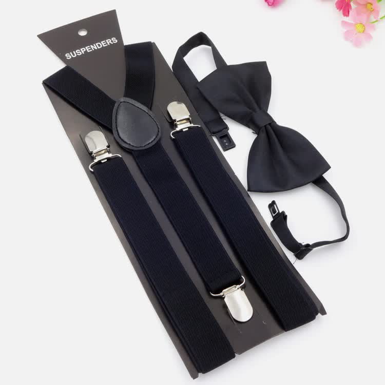 2 pezzi papillon tinta unita 3 clip set bretelle regolabili - Nero - image 0