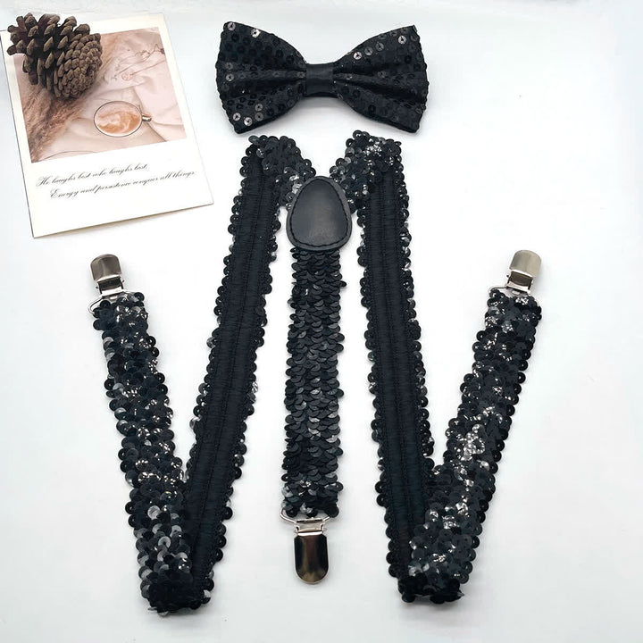 2 pezzi divertenti papillon con paillettes per feste, set di bretelle regolabili con 3 clip - Nero - image 2