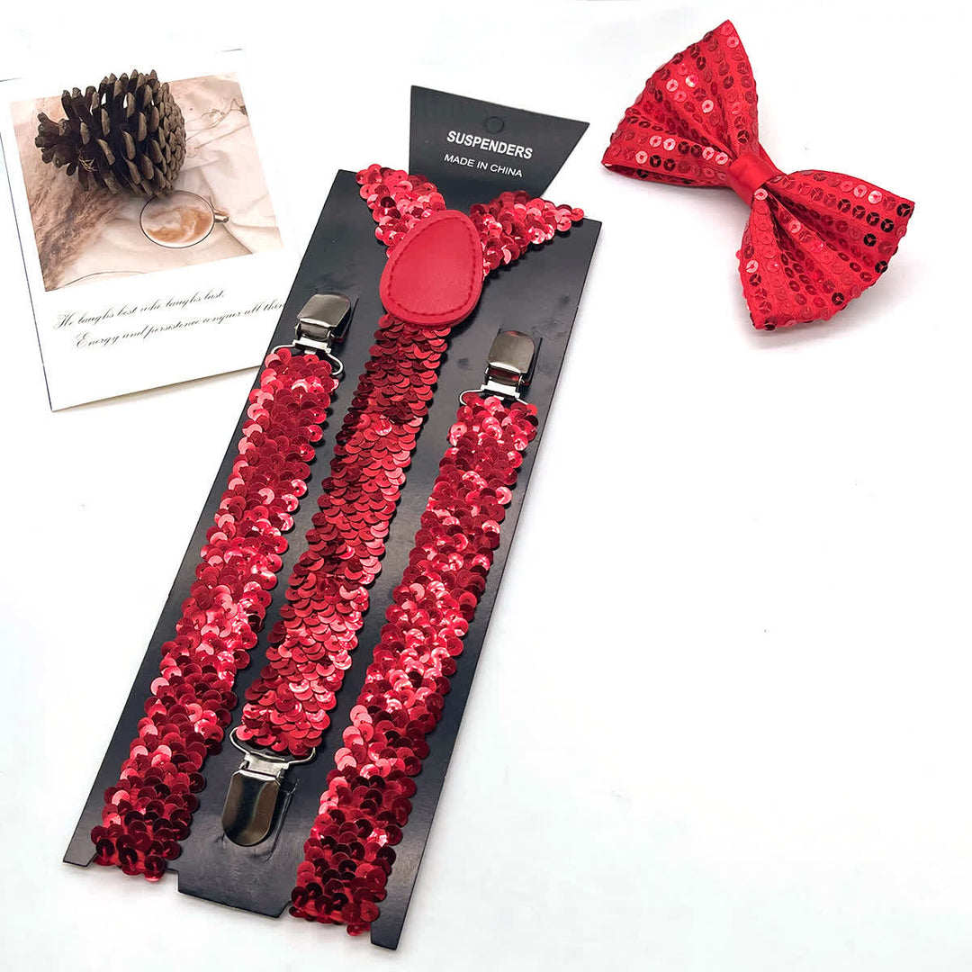 2 pezzi divertenti papillon con paillettes per feste, set di bretelle regolabili con 3 clip - Rosso - image 3