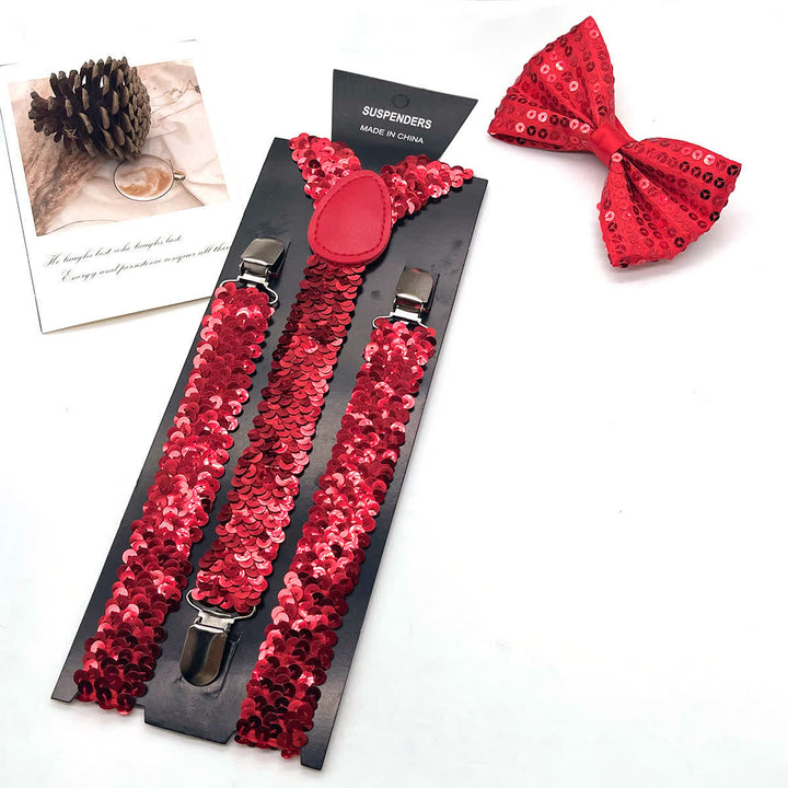 2 pezzi divertenti papillon con paillettes per feste, set di bretelle regolabili con 3 clip - Rosso - image 3